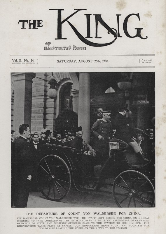 Německý polní maršál Alfred von Waldersee vyrazil z Berlína, aby velel mezinárodním expedičním silám proti boxerům v Číně, srpen 1900 (č/b foto) od Photographer German