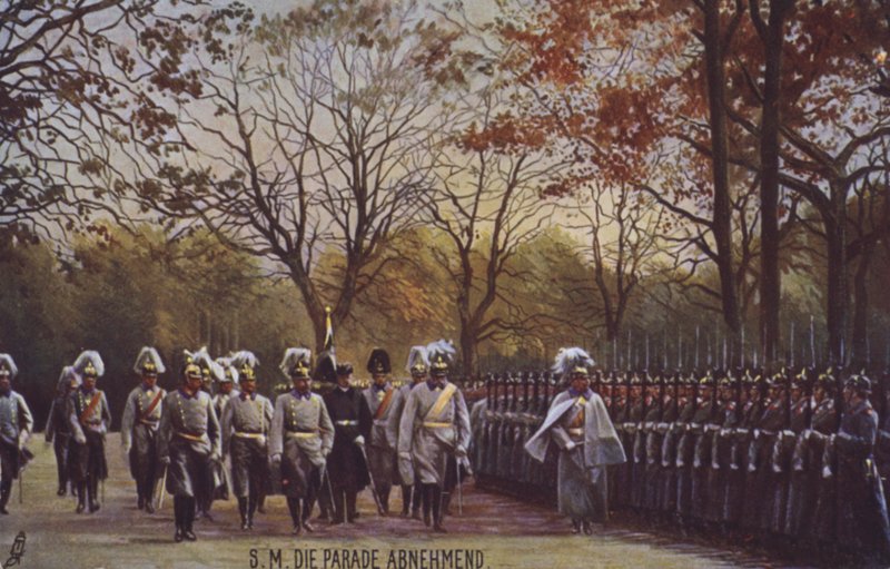 Kaiser Wilhelm II inspekce německých vojáků na přehlídce (barevné foto) od Photographer German