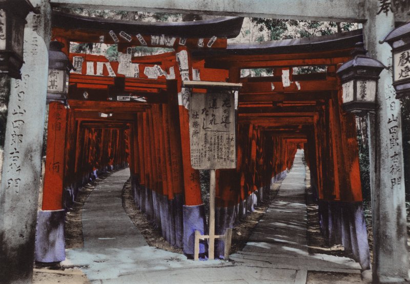 Japonsko, kolem roku 1912: Torii Avenue, svatyně Fushimi poblíž Kjóta (foto) od Photographer Japanese
