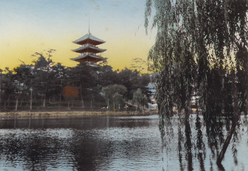 Japonsko, kolem roku 1912: Pohled na pagodu v Nara z rybníka Sarusawa (foto) od Photographer Japanese