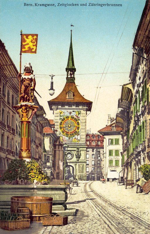 Hodinová věž Zytglogge a kašna Zahringerbrunnen, Kramgasse, Bern (barevné foto) od Photographer Swiss
