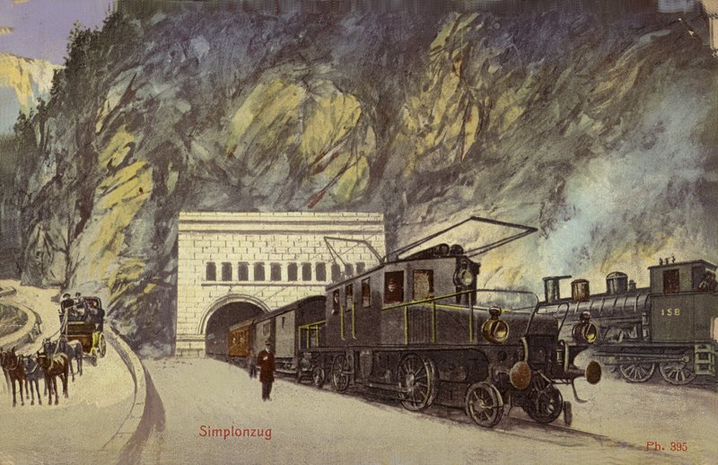 Vlak u vjezdu do tunelu Simplon (kolorovaná fotografie) od Photographer Swiss