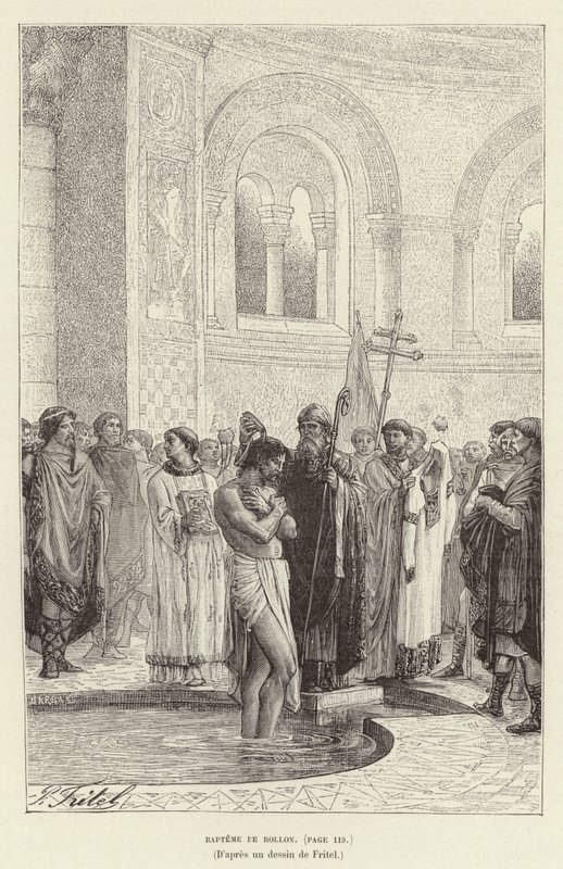 Bapteme de Rollon. Baptism of Rollo, první vládce Normandie, c911 (rytina) od Pierre Fritel