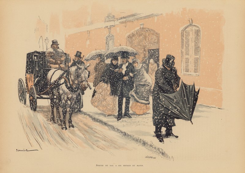 Pařížané odcházející z plesu v šest hodin ráno (barevná litografie) od Pierre Georges Jeanniot