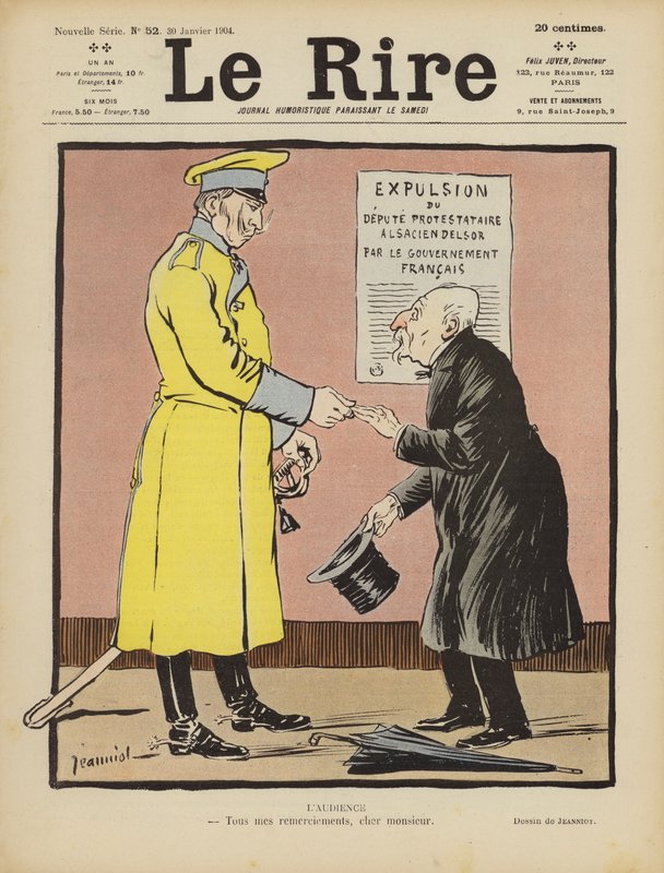 Satira na Francesovo opuštění Alsaska Německu. Ilustrace pro Le Rire od Pierre Georges Jeanniot