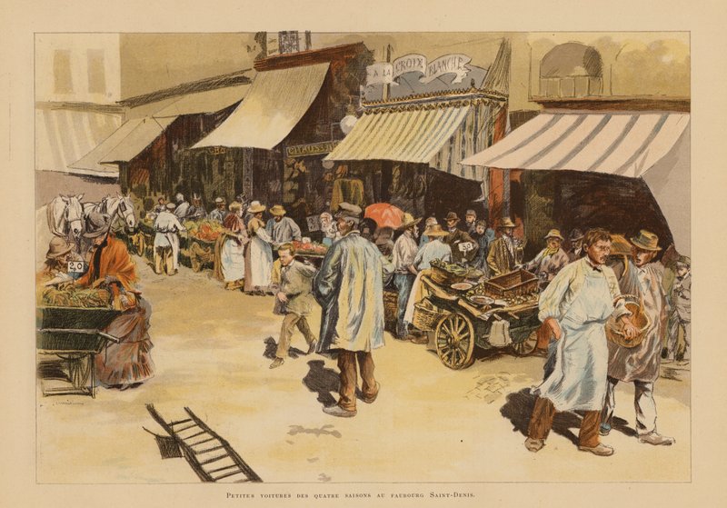 Pochodující na Rue du Faubourg Saint-Denis v Paříži (barevná litografie) od Pierre Georges Jeanniot