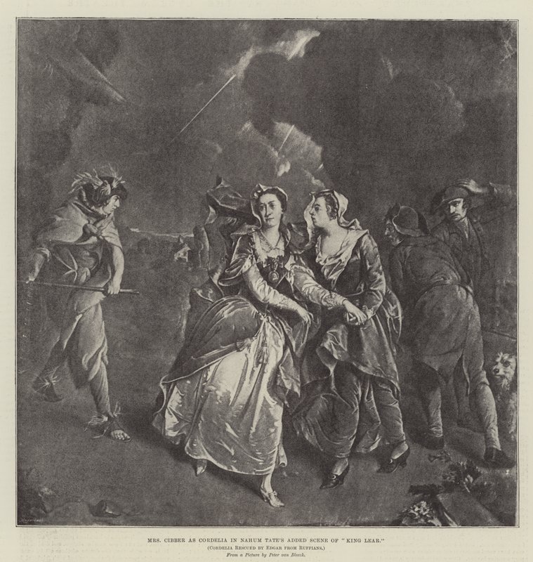 Paní Cibberová jako Cordelie v Nahum Tateově přidané scéně krále Leara od Pieter van Bleeck