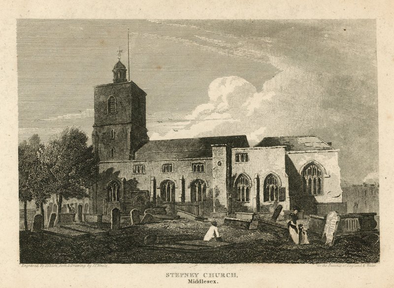 Stepney Church, Londýn (rytina) od Pieter Jansz. Quast