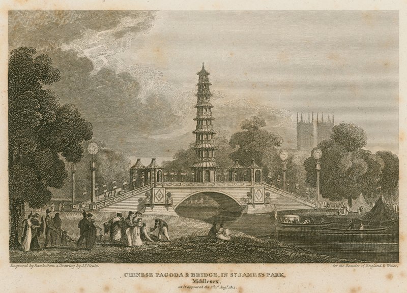 Čínská pagoda a most postavený přes kanál v parku St James, jak se objevil 1. srpna 1814 od Pieter Jansz. Quast