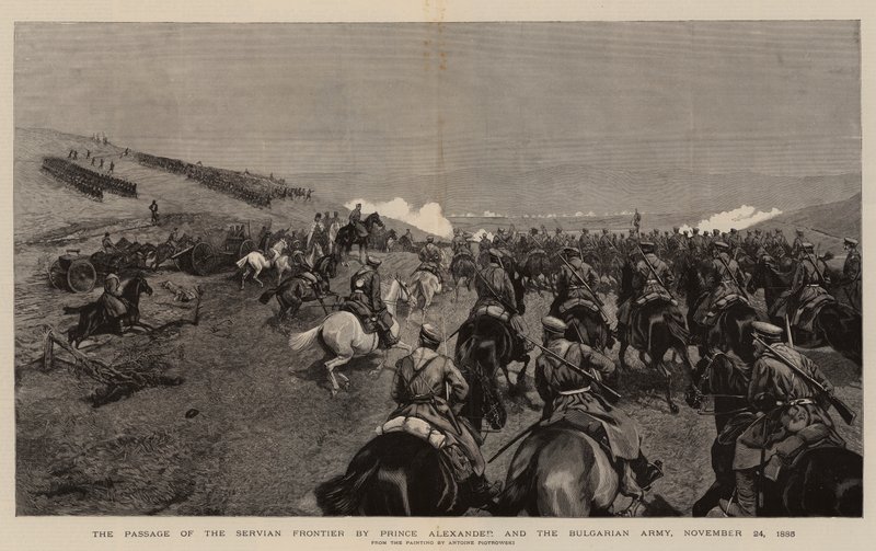 Průchod Servian Frontier princem Alexandrem a bulharskou armádou, 24. listopadu 1885 (rytina) od Polish School