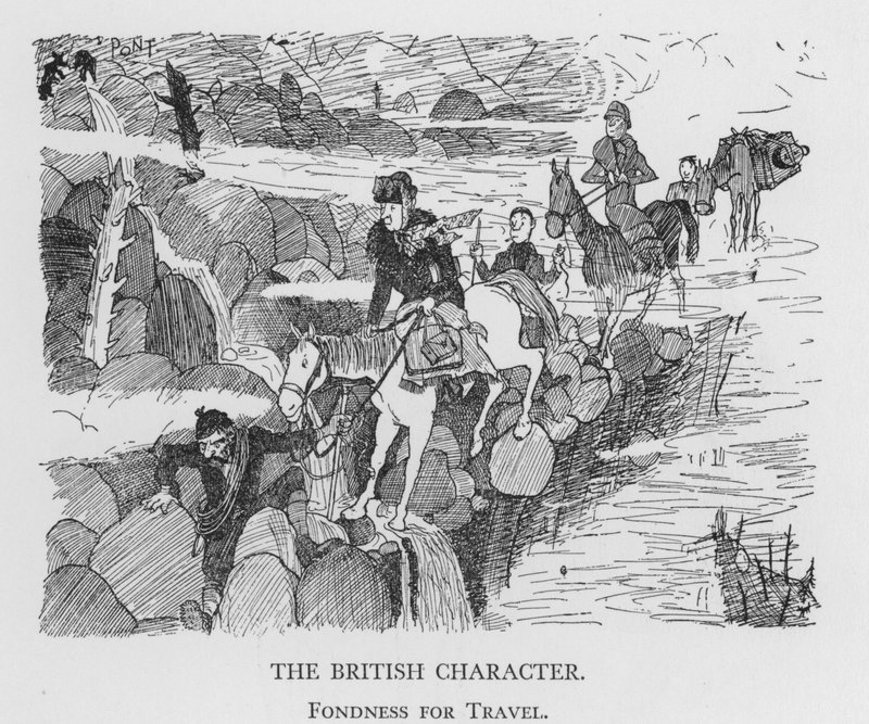 Britská postava, záliba v cestování (litho) od Pont