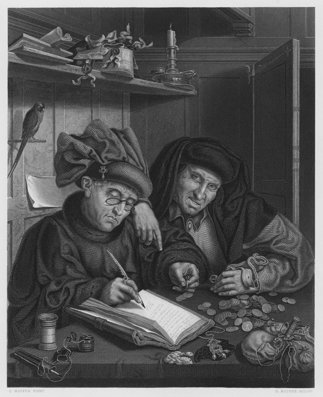 Lakomci, z obrázku v královské sbírce (rytina) od Quentin (after) Massys or Metsys