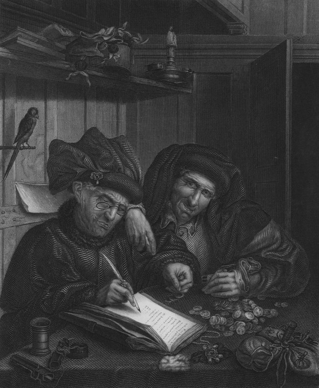 Směnárníci (rytina) od Quentin (after) Massys or Metsys