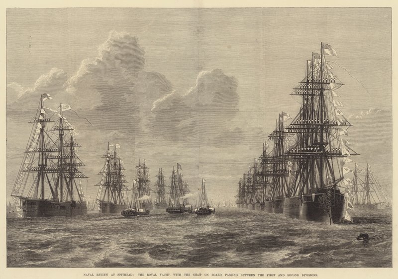 Naval Review na Spithead, královská jachta, se šáhem na palubě, proplouvající mezi první a druhou divizí od R. Dudley