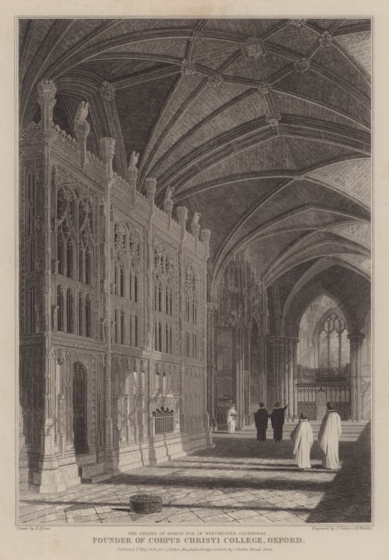 Svatyně biskupa Foxe, zakladatele Corpus Christi College, Oxford, ve Winchester Cathedral (rytina) od R. (after) Essex