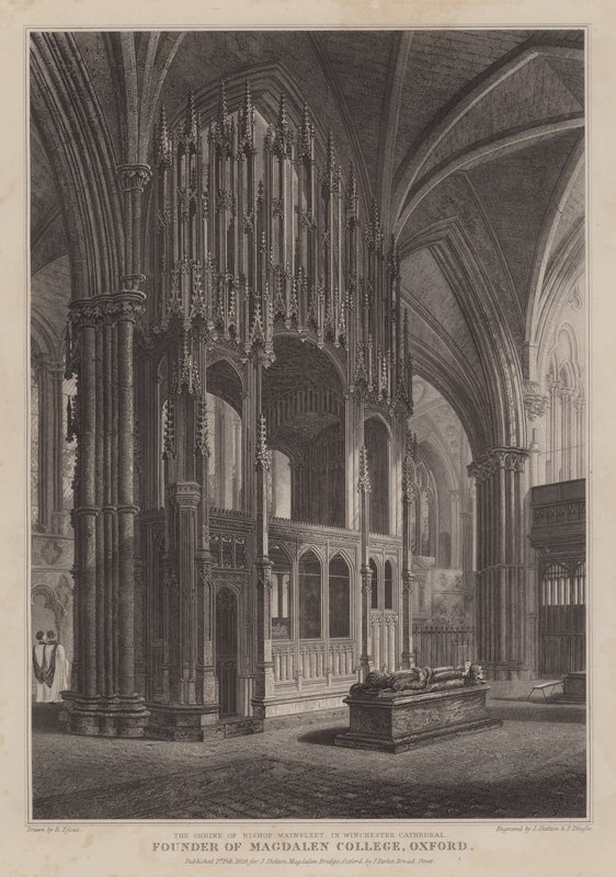 Svatyně biskupa Waynfletea, zakladatele Magdalen College, Oxford, ve Winchester Cathedral (rytina) od R. (after) Essex