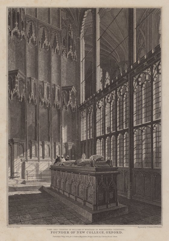 Hrobka a zpěv Williama z Wykehamu, zakladatele New College, Oxford, ve Winchester Cathedral (rytina) od R. (after) Essex