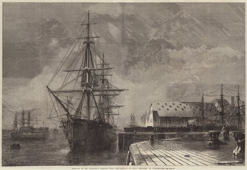 Odstranění ostatků pana Peabodyho z železnice na HMS Monarch v Portsmouthu od R. Dudley