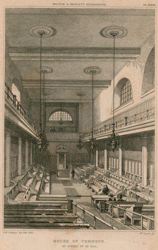 Dolní sněmovna, Westminster, Londýn, jak byla zařízena v roce 1835 od R. W. Billings