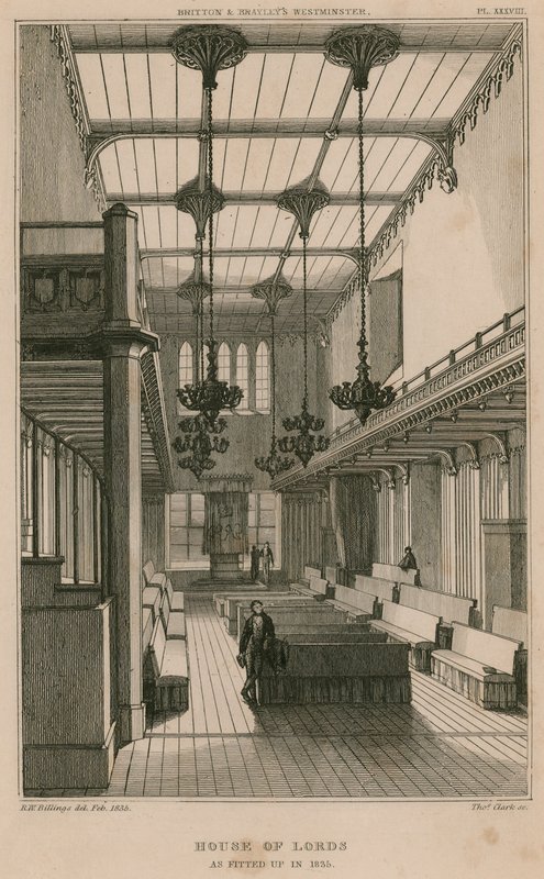 House of Lords, Westminster, Londýn, jak byl zařízen v roce 1835 od R. W. Billings