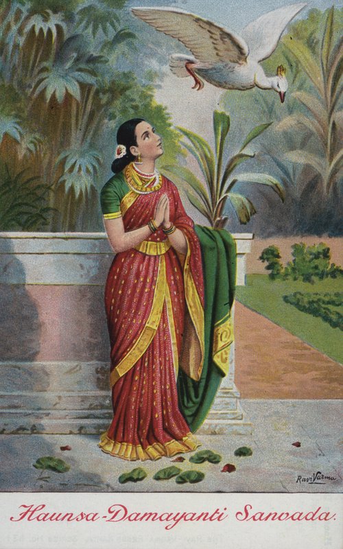 Pták Haunsa vychvalující ctnosti krále Naly Damayantimu v její zahradě od Raja Ravi Varma