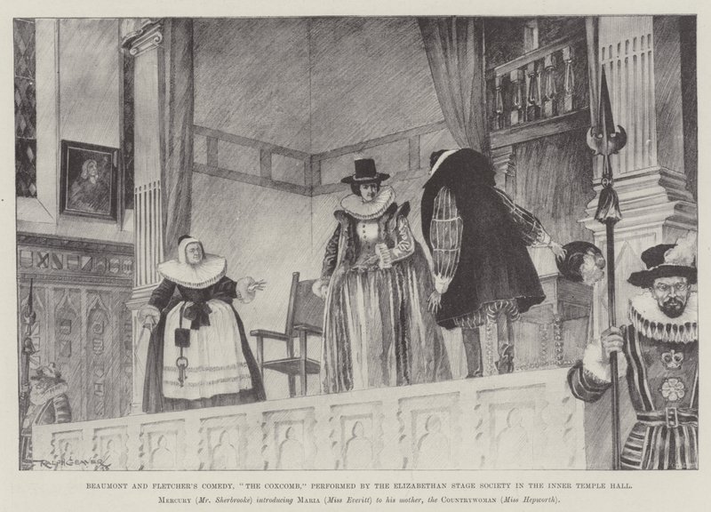 Beaumontova a Fletcherova komedie, The Coxcomb, v podání Elizabethan Stage Society v sále Inner Temple od Ralph Cleaver