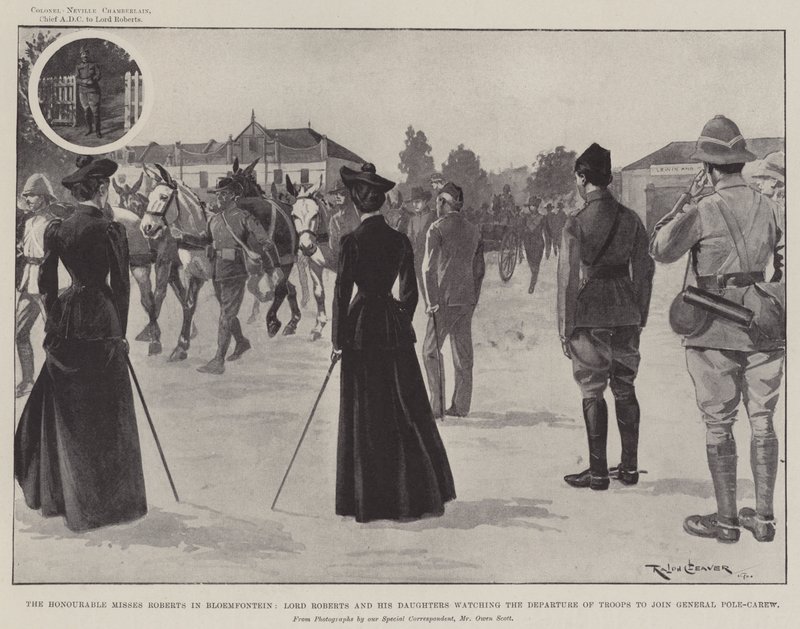 Ctihodná paní Robertsová v Bloemfonteinu, Lord Roberts a jeho dcery sledují odjezd vojsk, aby se připojili ke generálu Pole-Carewovi od Ralph Cleaver