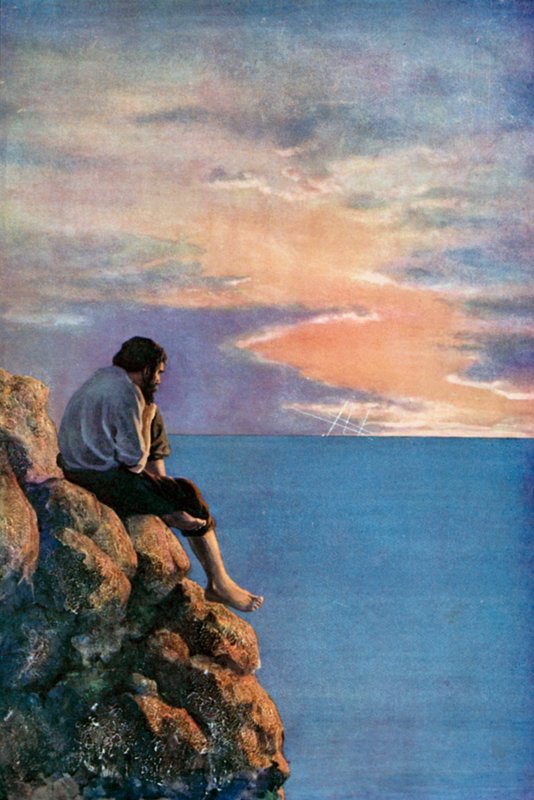 Ilustrace pro Robinsona Crusoe od Daniela Defoe (barevné lito) od Ralph Noel Pocock