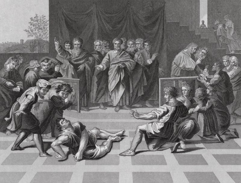 Ananiášova smrt (rytina) od Raphael (1483 1520) (after)