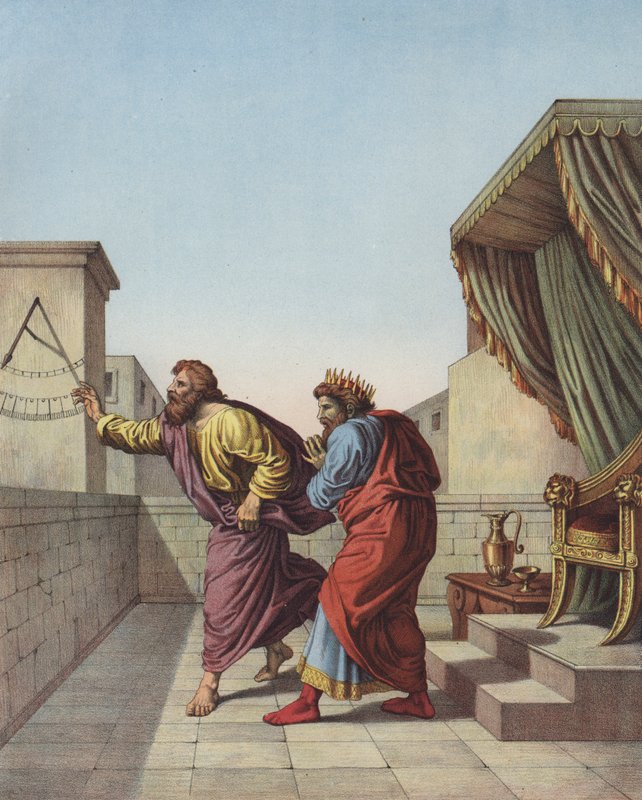 Izajáš informuje judského krále Ezechiáše, že bude žít ještě patnáct let (barva litho) od after Raphael