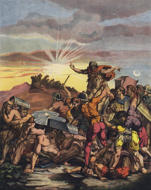 Jozue přikazuje Slunci, aby zůstalo stát v bitvě u Gibeonu během dobytí Kanaánu Izraelity (barva litho) od after Raphael