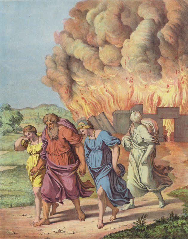 Lot a jeho rodina prchající před zničením Sodomy (barva litho) od after Raphael