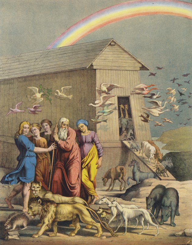 Noe, jeho rodina a zvířata vycházející z archy poté, co přežili potopu (barva litho) od after Raphael