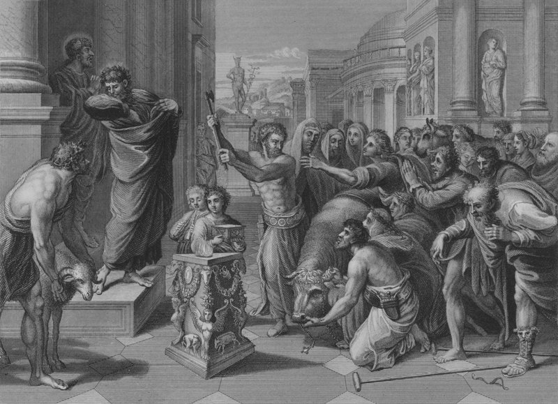 Pavel a Barnabáš v Lystře, Skutky 14, verš 8-19 (rytina) od after Raphael