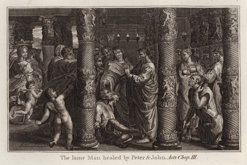 Karikatura Raphaela: Chromý muž uzdravený Petrem a Janem, Skutky, kapitola III (rytina) od after Raphael