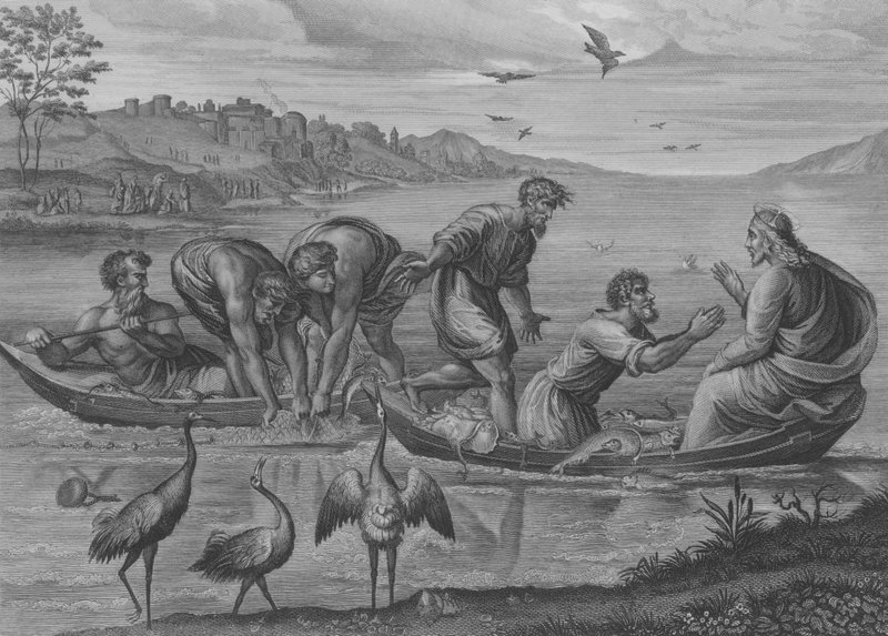 The Miraculous Draft of Fishes, Svatý Lukáš 5, verš 1-12 (rytina) od after Raphael