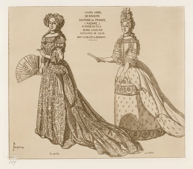 Dvorní kostýmy. Marie Anna de Baviere, francouzská dauphiné, provdaná za syna krále Ludvíka XIV. Podle uměleckých děl ve sbírce Bonnart. od Raphael Jacquemin