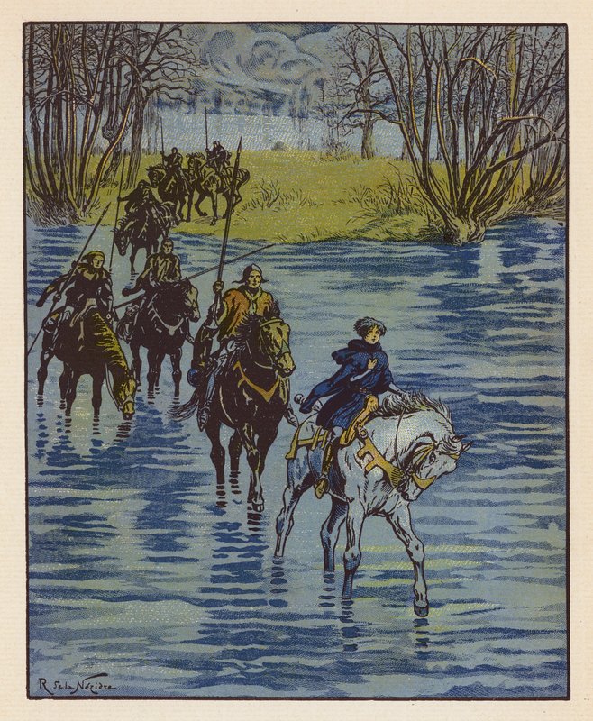 Chevauchee De Jeanne Pour Aller Trouver Charles VII A Chinon (barevná litografie) od Raymond de la Neziere