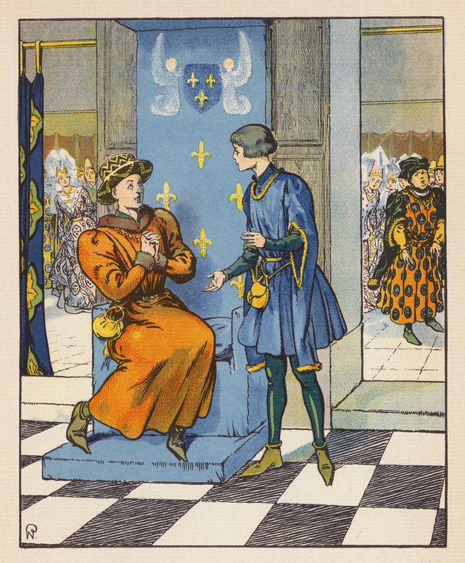 Tajný rozhovor Jeanne s Karlem VII (barevná litografie) od Raymond de la Neziere
