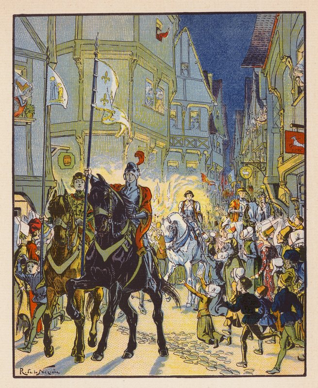 Entree De Jeanne A Orleans (barevná litografie) od Raymond de la Neziere