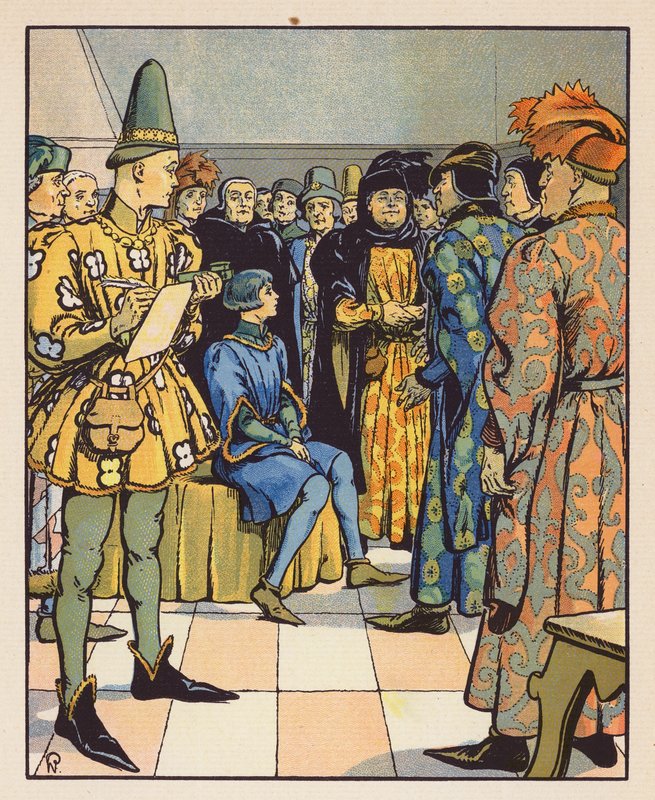 Jeanne před doktory teologie v Poitiers (barevná litografie) od Raymond de la Neziere