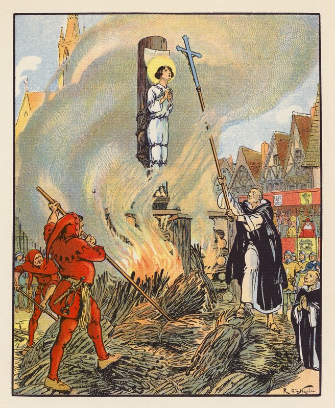 Supplice De Jeanne A Rouen (barevná litografie) od Raymond de la Neziere