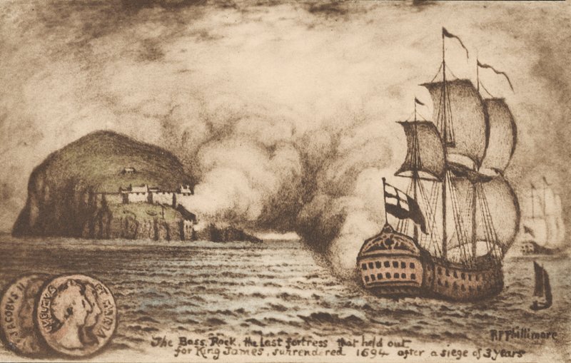 Bass Rock, Skotsko, poslední pevnost, která vydržela podporovat svrženého krále Jakuba II. po slavné revoluci v roce 1688 od Reginald Phillimore