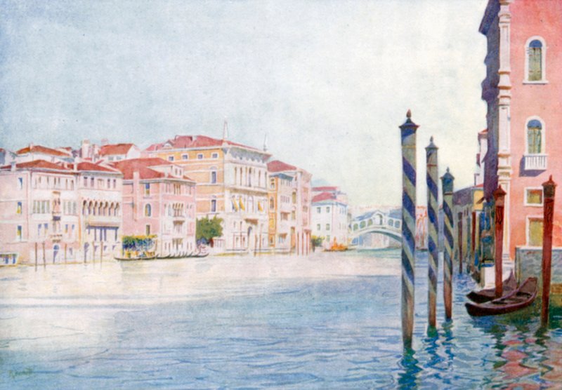 Pohled na Canal Grande ze San Angela (barevná litografie) od Reginald Barratt