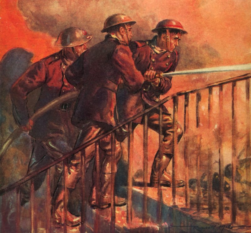Britští hasiči z válečného národního hasičského sboru bojující s požárem během Blitz, druhé světové války od Reginald Mills