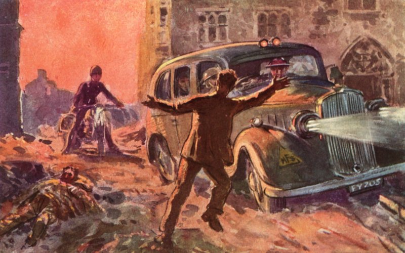 Hasiči z válečné britské národní hasičské služby byli upozorněni na přítomnost těžce zraněné oběti leteckého náletu, druhá světová válka od Reginald Mills