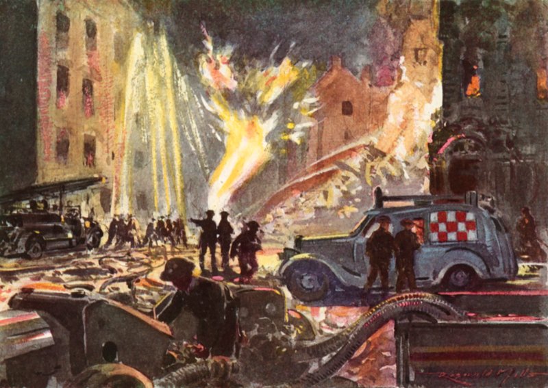 Hasiči válečné britské národní hasičské služby zabývající se hořícím plynovým potrubím během Blitz, 2. světové války od Reginald Mills