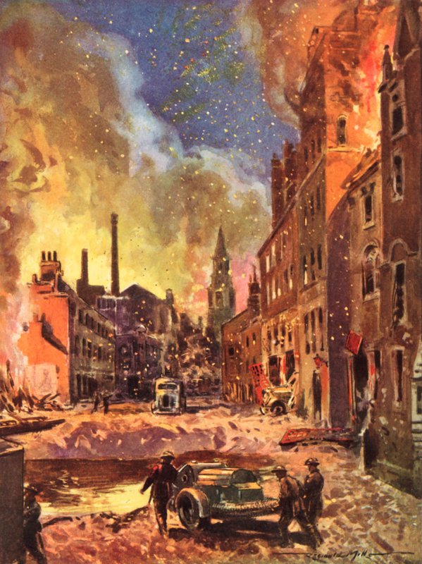 Hasiči válečné britské národní hasičské služby kontrolují velký kráter po bombě během Blitz, druhé světové války od Reginald Mills