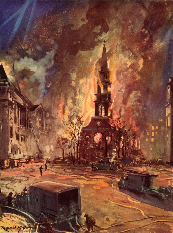 St Clement Danes Church, Strand, Londýn, v plamenech během Blitz, druhá světová válka od Reginald Mills