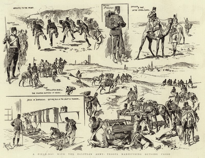 Polní den egyptské armády, manévry vojsk před Káhirou (rytina) od Reginald Thomas Cleaver